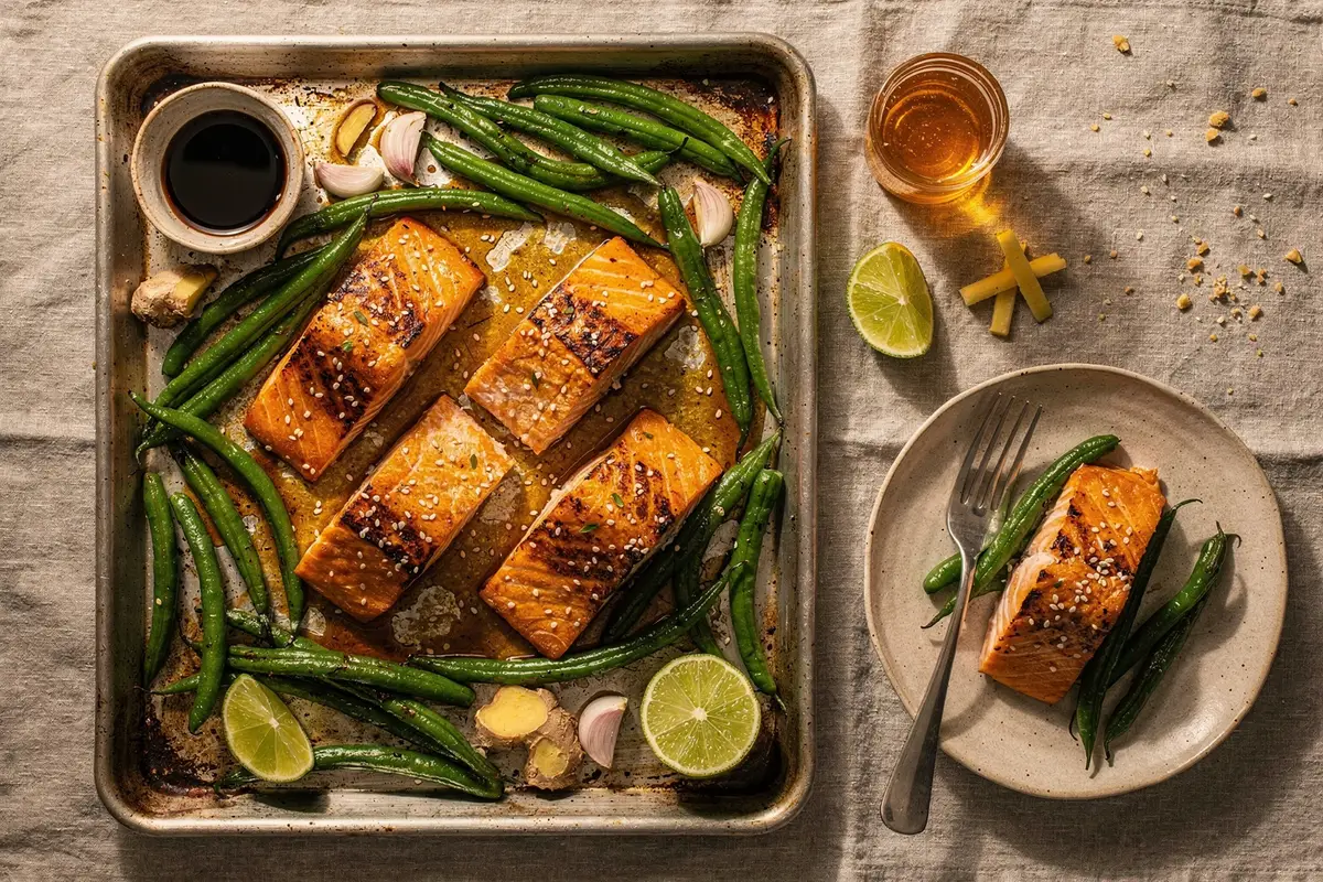 Illustration of Sheet-Pan Honey Soy Salmon and Green Beans (not a photo)