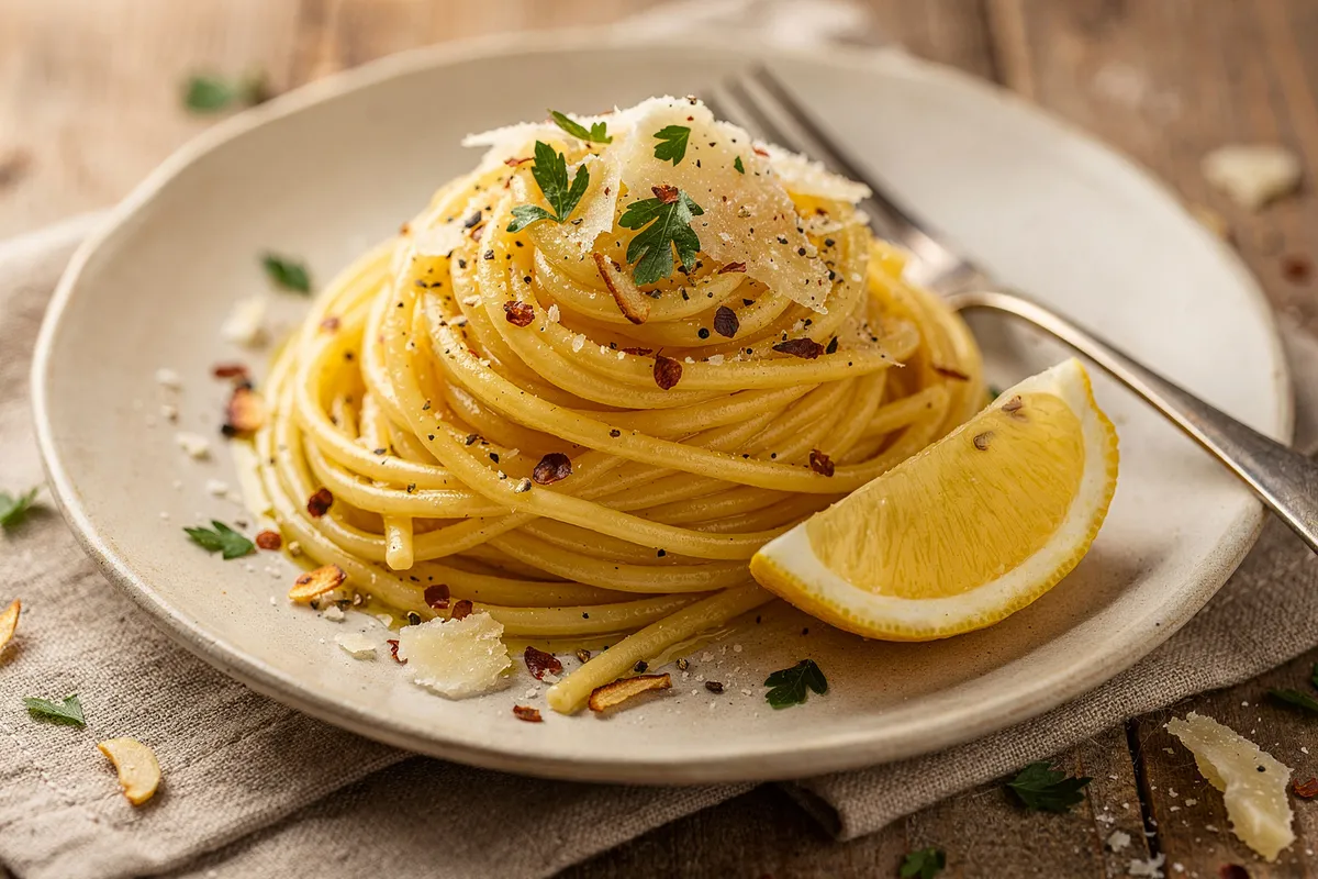 Illustration of Spicy Olive Oil Lemon Pasta (not a photo)