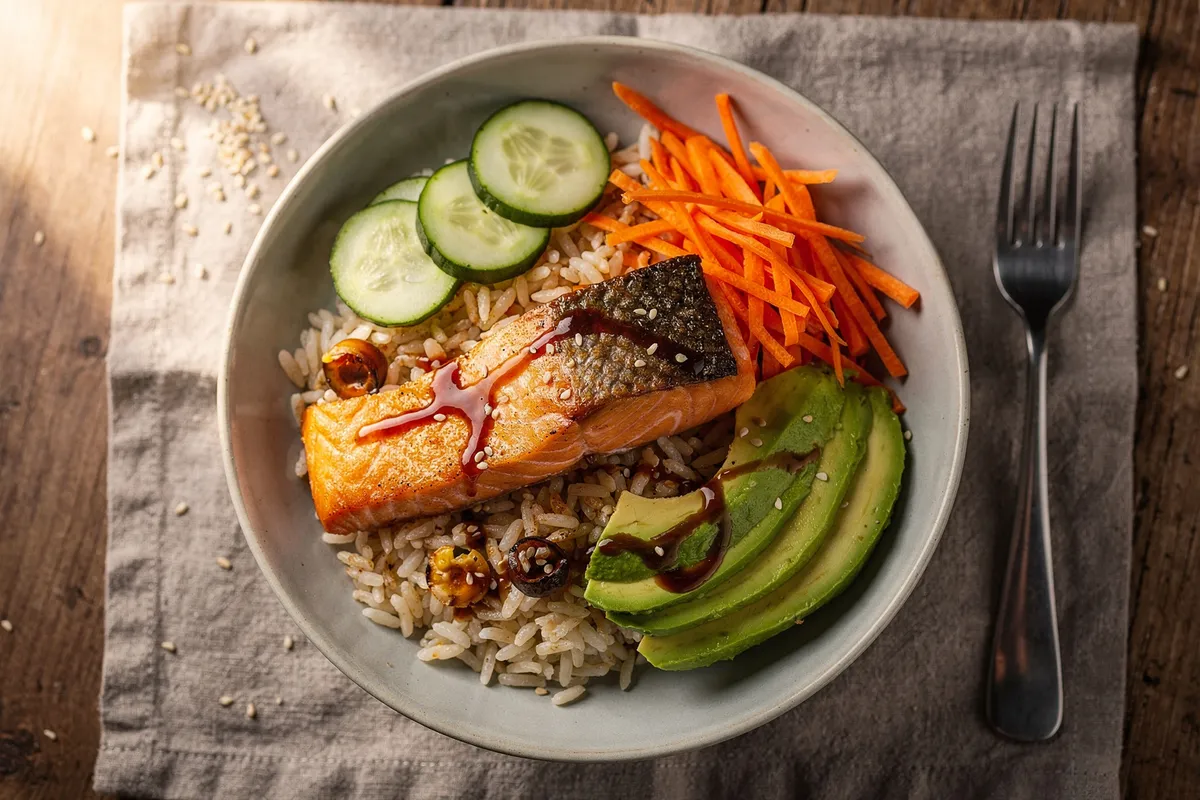 Illustration of Seared Salmon Rice Bowls with Cucumber and Avocado (not a photo)