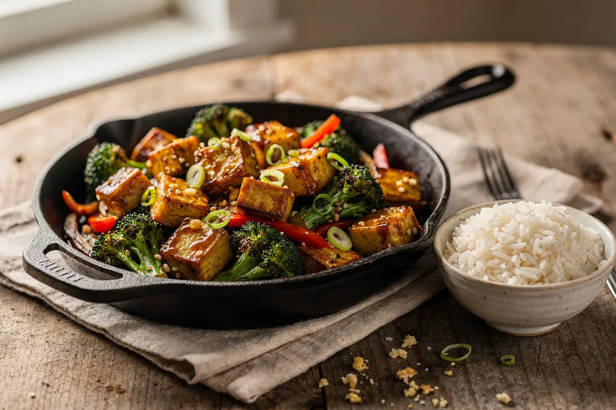 Illustration of Crispy Tofu and Broccoli with Ginger Soy Glaze (not a photo)