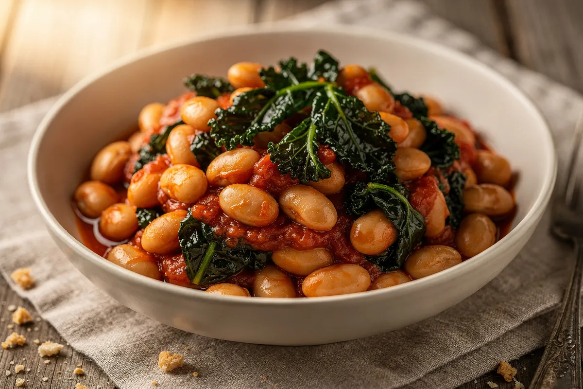 Illustration of Tomato-Braised White Beans with Kale (not a photo)