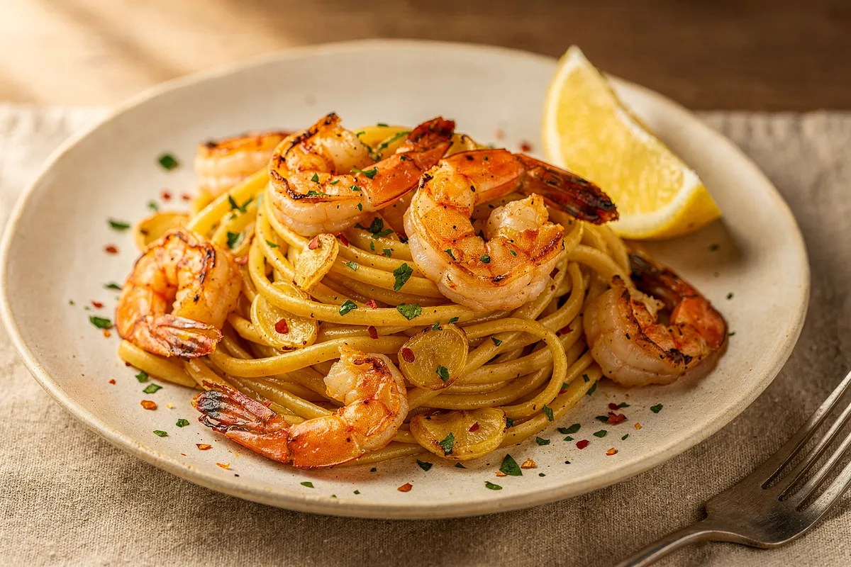 Illustration of Garlicky Shrimp Scampi Linguine (not a photo)