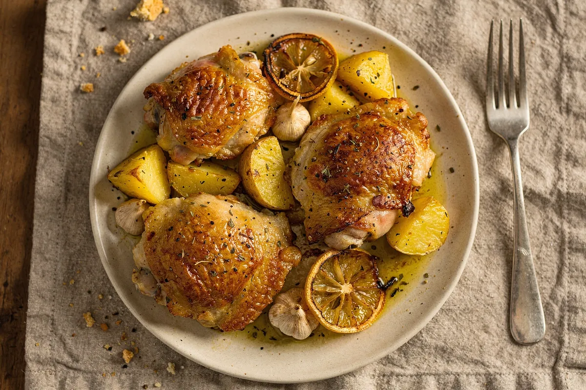 Illustration of Sheet-Pan Lemon Chicken and Potatoes (not a photo)
